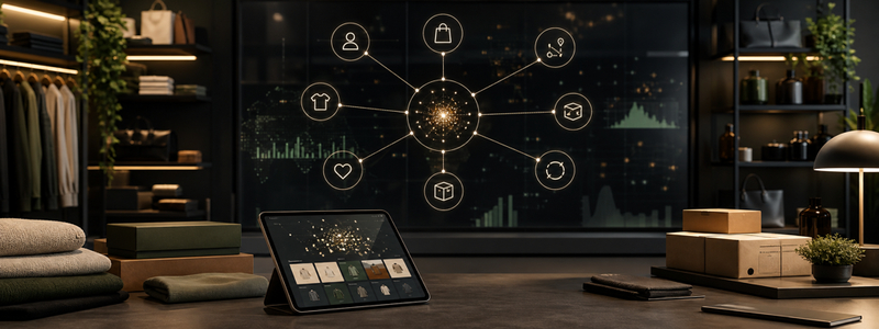 Retail analytics dashboard tracking AI product recommendation performance, customer engagement, sales trends, and personalized shopping insights.