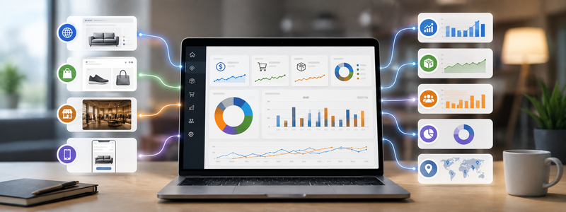 Çok kanallı satış performansını, stok durumunu ve ürün analizlerini tek ekranda gösteren merkezi iş zekâsı dashboard'u.